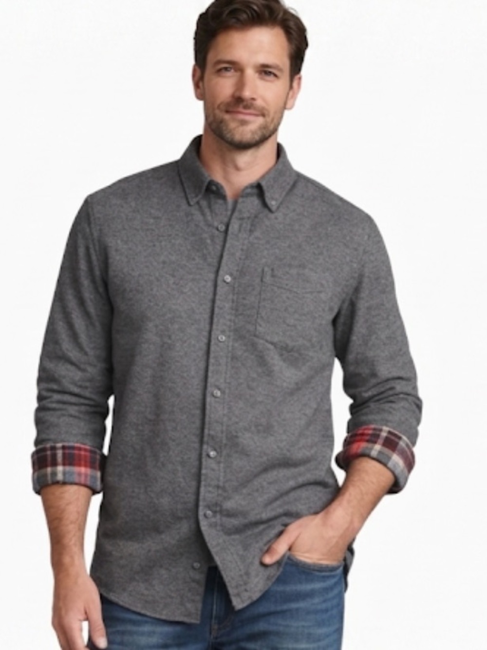 Lands’ End Gray Flannel Shirt with Red Plaid Cuffed Sleeves, Size L, (16-16.5)
W